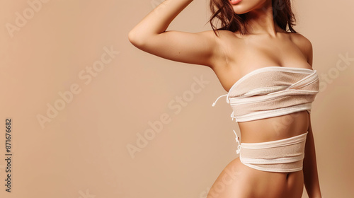 a woman in a white corset on a beige background