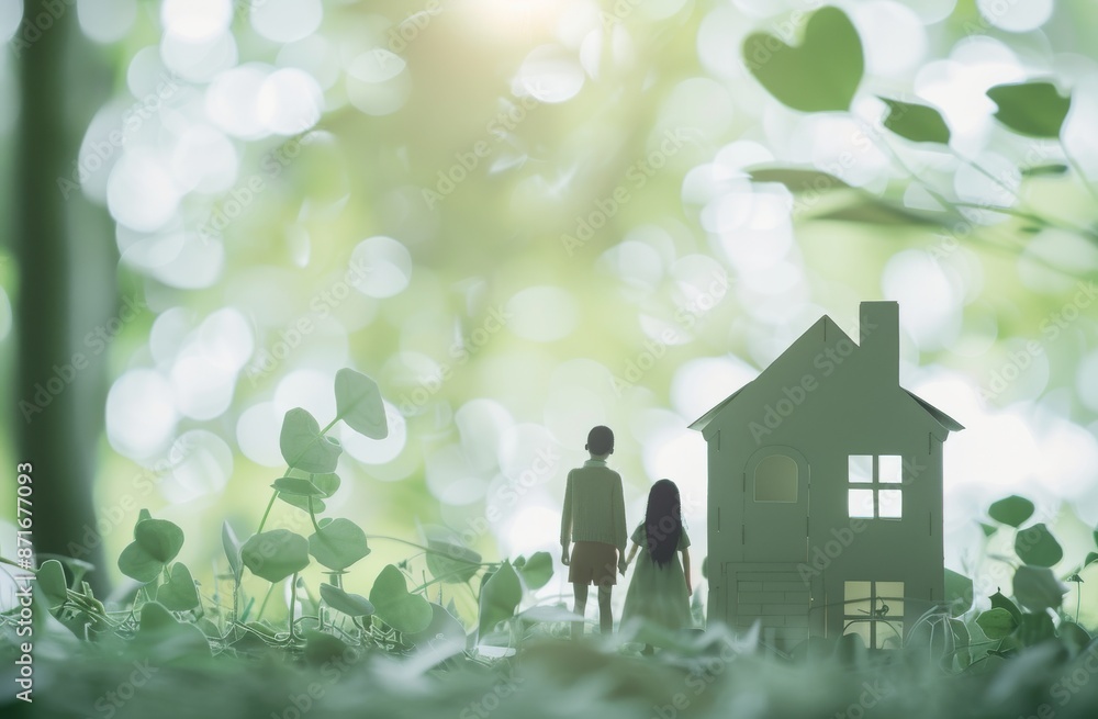 A family stands in front of their house with a green background. The mother, father and two children A family stands in front of their house with a green background. The mother, father and two children