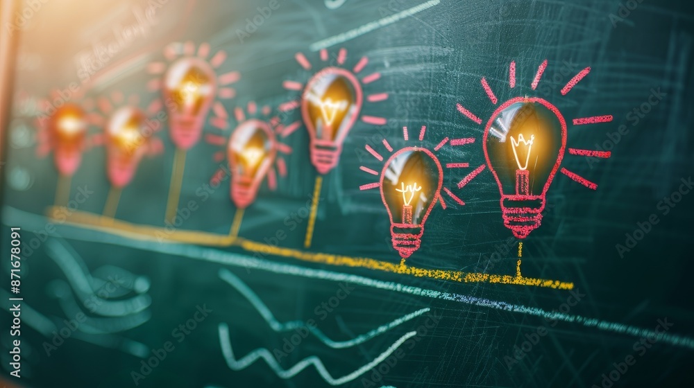 Business idea flowchart sketched with chalk on green board, strategy, progressive business growth Business idea flowchart sketched with chalk on green board, strategy, progressive business growth