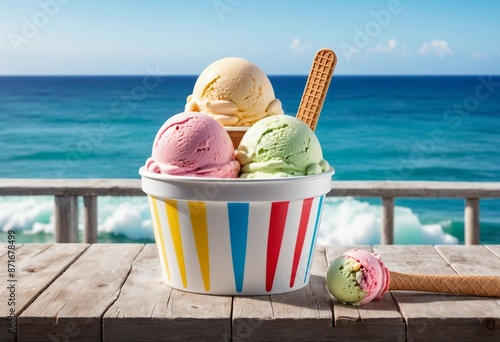 colorful and delicious ice cream in an ice cream container on old wooden board with ocean view, ad shot, copy space for text, glossy and blurry background