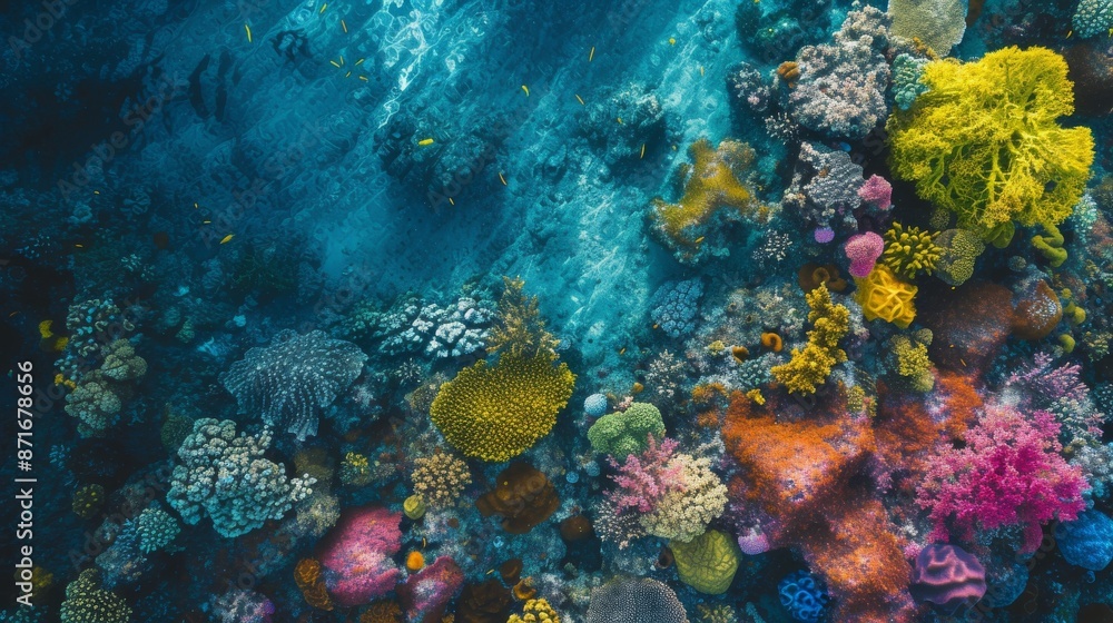 Fototapeta premium Colorful Coral Reef Teeming With Life, Aerial view of an expansive coral reef teeming with a diverse range of vibrant, colorful marine life, AI Generated