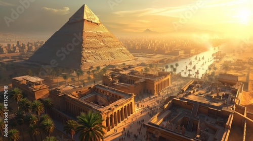 Serene aerial view showing the majestic pyramids of Egypt in the ancient city, An ancient Egyptian city as seen from the top of a Pyramid, AI Generated