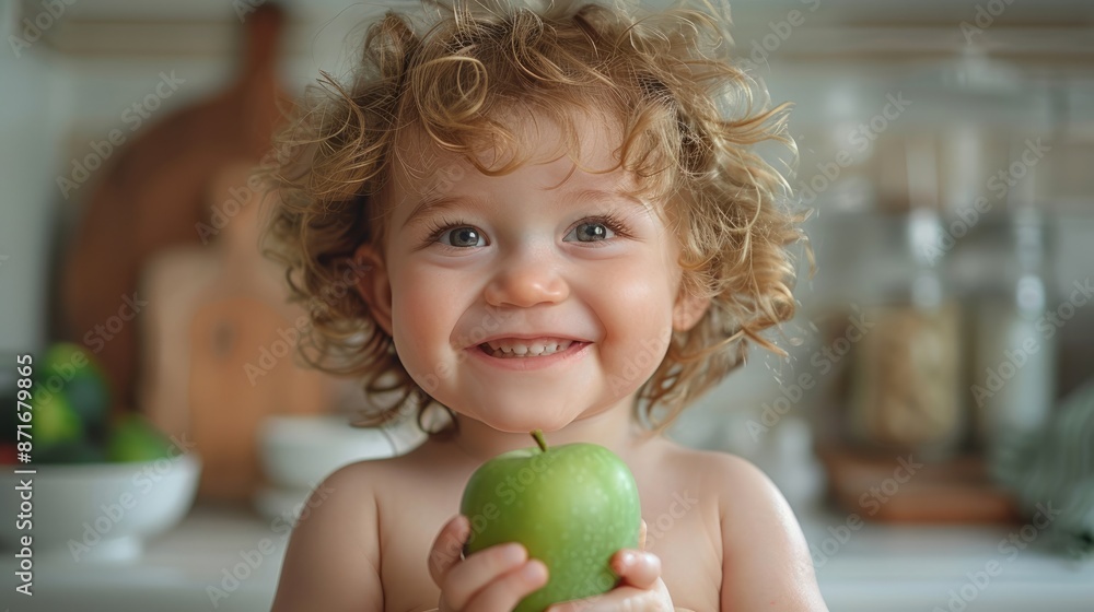 Fototapeta premium adorable Caucasian toddler smiling and holding fresh green apple at home