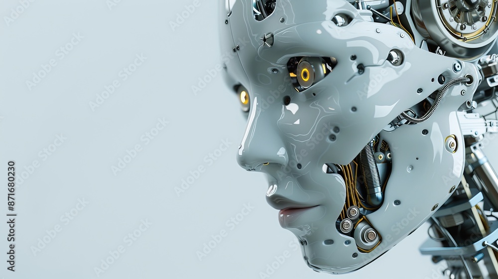 Anthropomorphic robot woman on gray background, close-up. AI concept. Anthropomorphic robot woman on gray background, close-up. AI concept.
