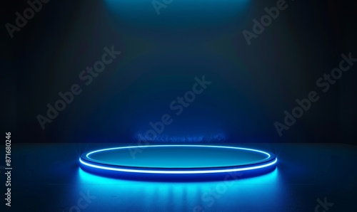 This is an abstract realistic 3d blue cylinder pedestal podium display with a sci-fi dark blue abstract room with semi circle glowing neon lighting scene. This is a modern presentation of a product photo