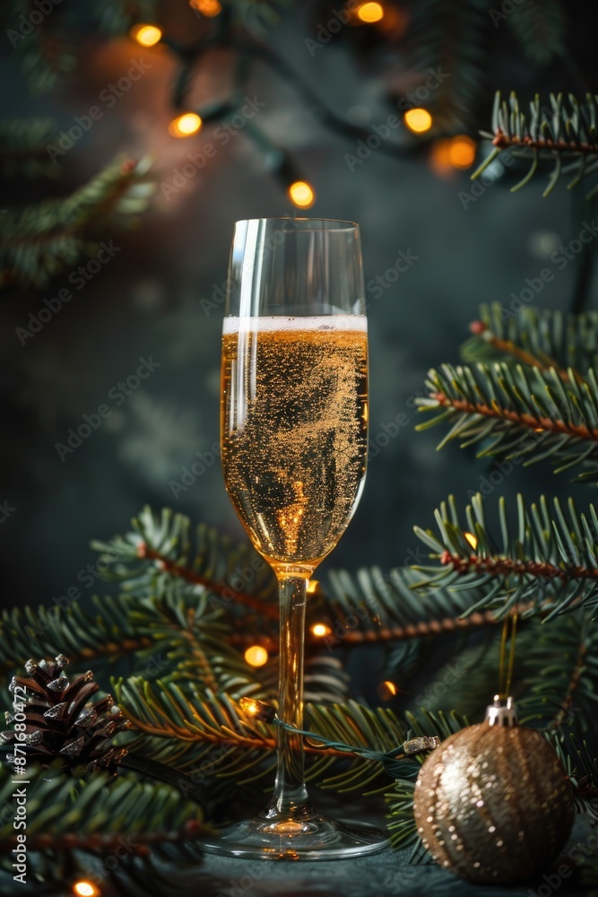 Festive Champagne Glass with Holiday Decor and Bokeh Lights in Background Festive Champagne Glass with Holiday Decor and Bokeh Lights in Background