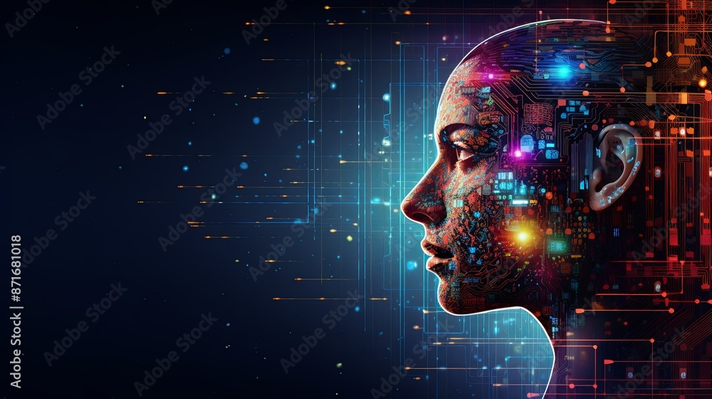 Abstract artwork of human head silhouette with circuit board design Abstract artwork of human head silhouette with circuit board design