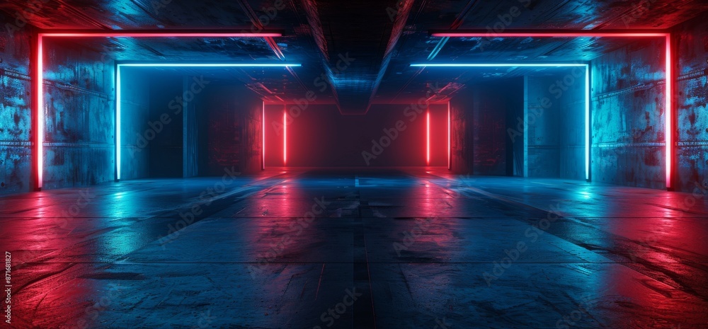 Naklejka premium 3D Rendering of Sci Fi Retro Dark Empty Underground Tunnel Corridor Stairs Signs Lights White Blue Orange Empty Reflective Grunge Concrete Modern