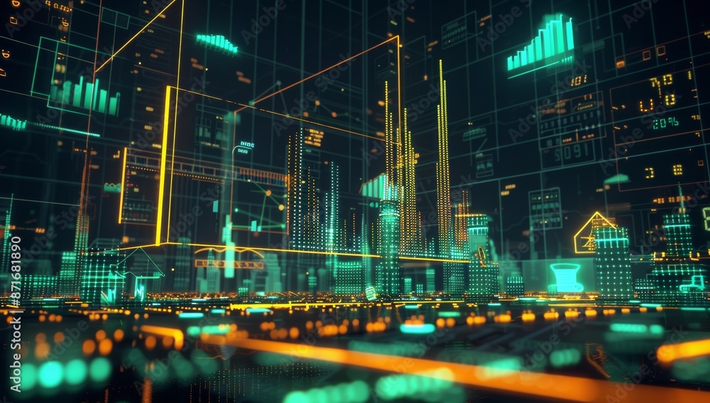 Obraz premium A futuristic digital graph with orange and green lines, representing the stock market's movement over time.