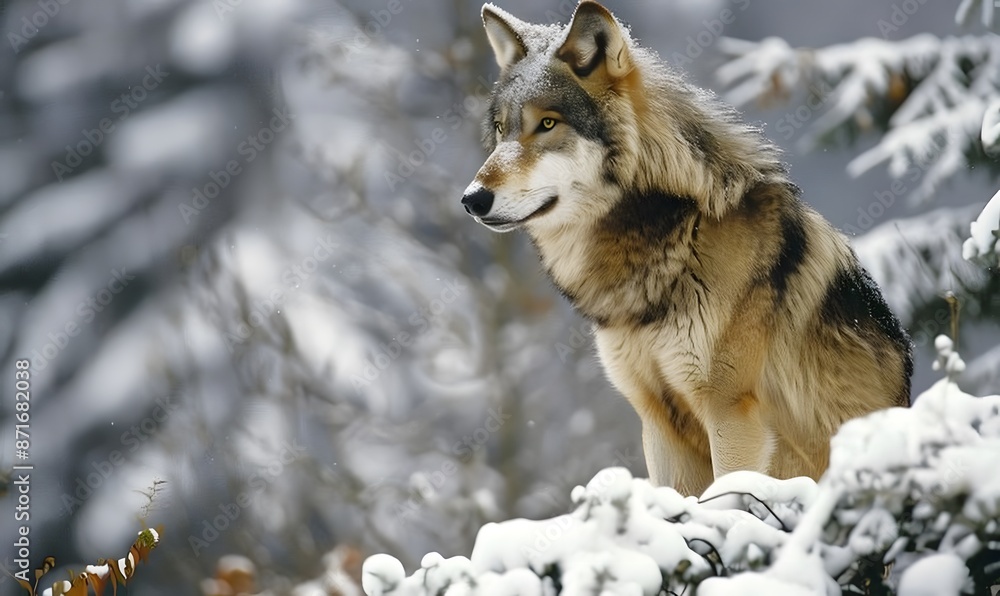Majestic Wolf in Snowy Forest , Generative AI Majestic Wolf in Snowy Forest , Generative AI
