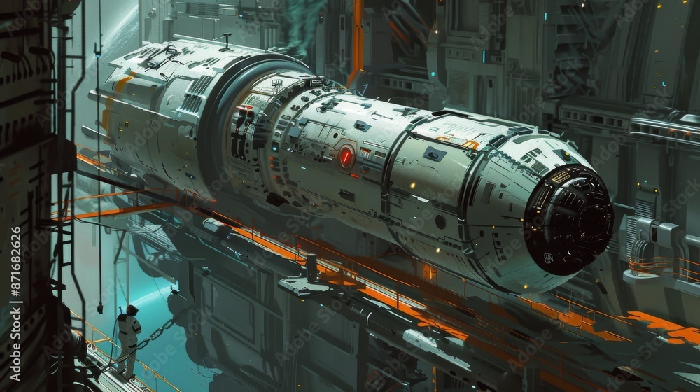 Naklejka premium Spaceship being restored by a man, digital painting