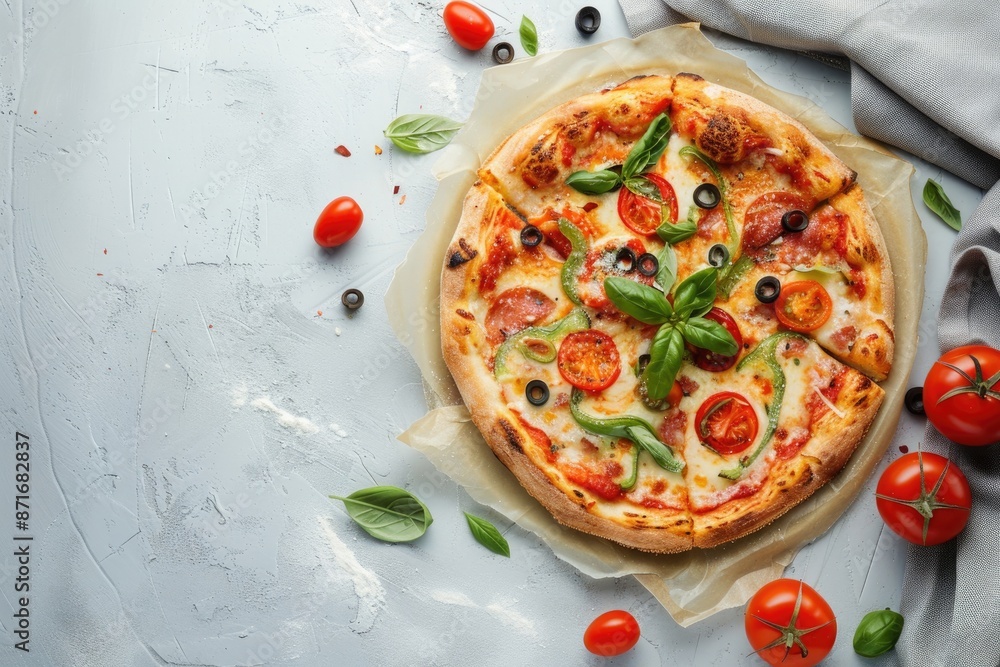 Delicious Pepperoni Pizza with Mushrooms, Basil, and Tomatoes on White Background Delicious Pepperoni Pizza with Mushrooms, Basil, and Tomatoes on White Background