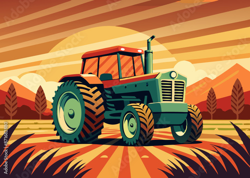 illustration vector of tractor on a field, cartoon background, kid painting book