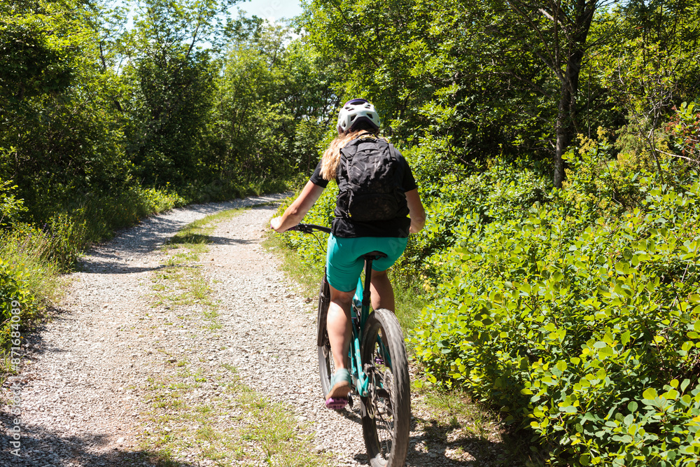 Fototapeta premium Cyclist on forest path