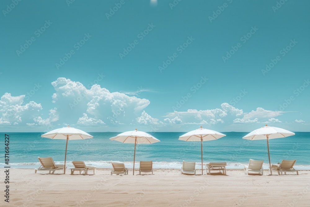 Fototapeta premium A beach scene with four white umbrellas and several white chairs