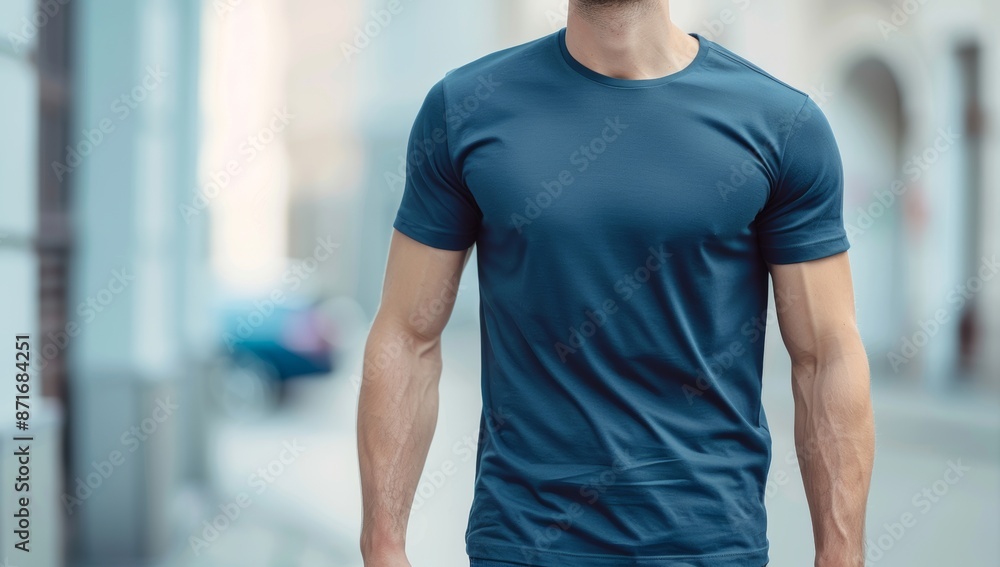 A blank plain dark blue black tight fit tshirt mockup on an attractive young male model with good posture A blank plain dark blue black tight fit tshirt mockup on an attractive young male model with good posture