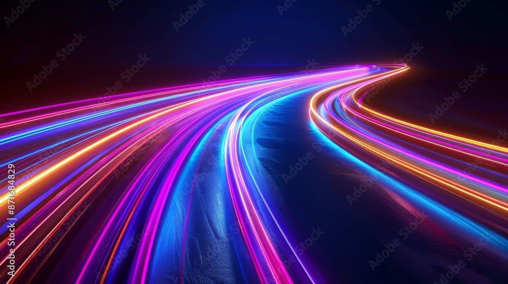 The neon glows at night under the stars. Blue lights. Accelerating colored light streaks. Perspective space gates. Stock photo. The neon glows at night under the stars. Blue lights. Accelerating colored light streaks. Perspective space gates. Stock photo.