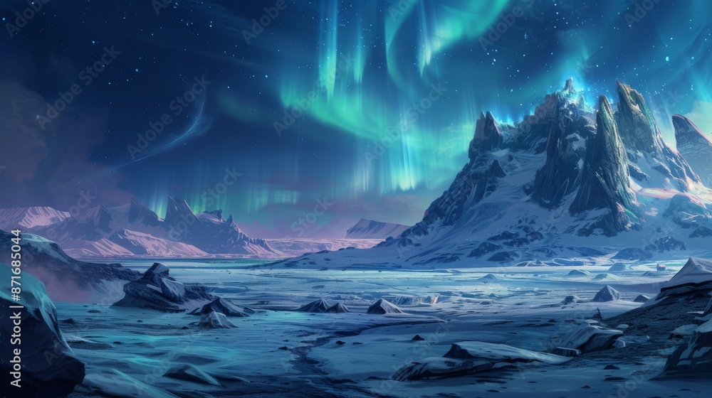 Fototapeta premium A scene of a mountain range under a colorful aurora borealis sky, An icy, desolate Arctic landscape with polar auroras illuminating the sky, AI Generated