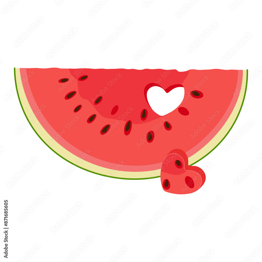 Watermelon slice with heart-shaped hole. Ripe red cut watermelon Hand drawn Trendy flat style isolated organic natural dessert, healthy sweet juicy Sliced melon summer fruit. Vector illustration Watermelon slice with heart-shaped hole. Ripe red cut watermelon Hand drawn Trendy flat style isolated organic natural dessert, healthy sweet juicy Sliced melon summer fruit. Vector illustration