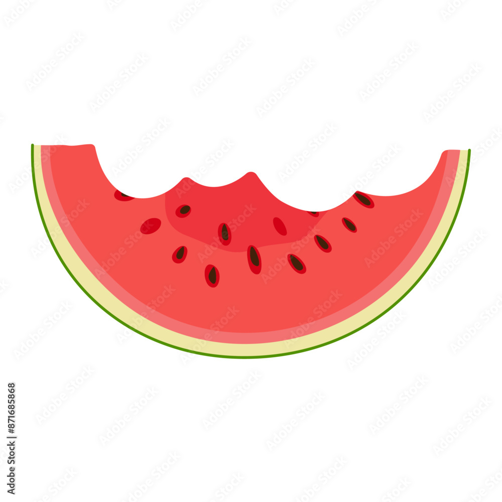 Watermelon rind. Bitten watermelon slice with green rind, red flesh and black seeds. Hand drawn Trendy flat style isolated. Organic waste. Summer fruit for menu logos postcard. Vector illustration Watermelon rind. Bitten watermelon slice with green rind, red flesh and black seeds. Hand drawn Trendy flat style isolated. Organic waste. Summer fruit for menu logos postcard. Vector illustration