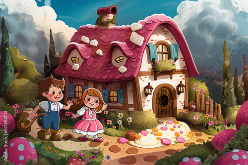 Hansel and gretel near the candy house