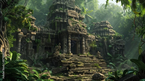 Fototapeta Naklejka Na Ścianę i Meble -  Stone structure in jungle setting with lush trees surrounding it, An ancient stone temple overrun by the jungle, accompanied by exotic wildlife, AI Generated