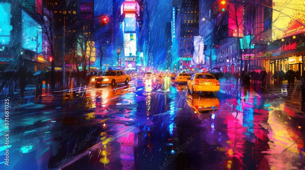 A lively city street illuminated by neon lights during a heavy rainstorm at night, An energetic cityscape during a heavy rainfall with reflections of vibrant city lights on wet asphalt, AI Generated A lively city street illuminated by neon lights during a heavy rainstorm at night, An energetic cityscape during a heavy rainfall with reflections of vibrant city lights on wet asphalt, AI Generated