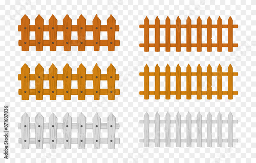 Vector set of cartoon fences. Wooden cartoon fence png. Fencing for farm or garden. Decorative fence.