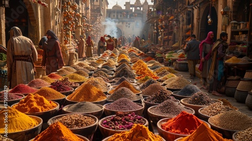 Bags of mixed spices and herbal tea in the street market. 