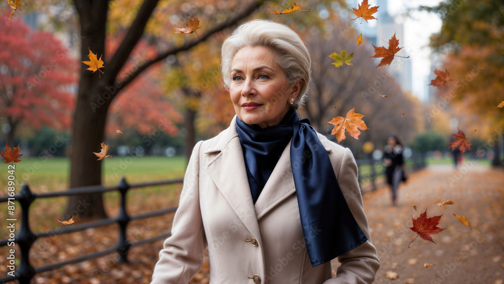 Donna anziana elegante a passeggio in un parco di una città con colori autunnali e foglie che cadono dagli alberi Donna anziana elegante a passeggio in un parco di una città con colori autunnali e foglie che cadono dagli alberi