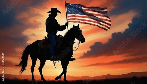 silhouette of a cowboy on a horse holding an American flag, dramatic sunset colors painting the sky with warm hues
