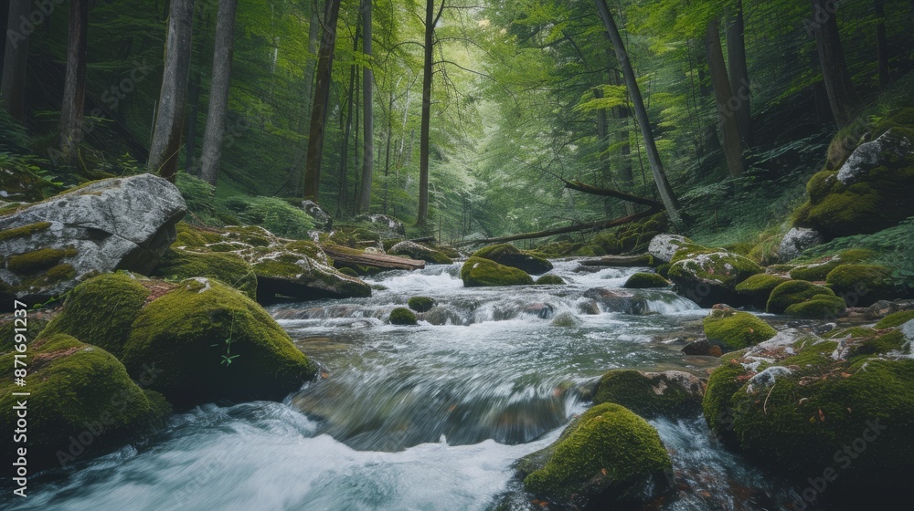 Fototapeta premium A rapid river courses through a forest filled with vibrant green foliage and moss-covered rocks, Rapid river flowing between moss-covered rocks in the middle of a scenic forest, AI Generated