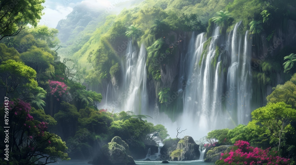 A painting depicting a powerful waterfall cascading through a dense forest, Roaring colossal waterfalls surrounded by a lush rainforest, AI Generated A painting depicting a powerful waterfall cascading through a dense forest, Roaring colossal waterfalls surrounded by a lush rainforest, AI Generated