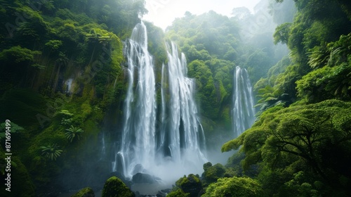 A large waterfall cascades through a lush forest setting, creating a powerful and mesmerizing scene, Roaring colossal waterfalls surrounded by a lush rainforest, AI Generated