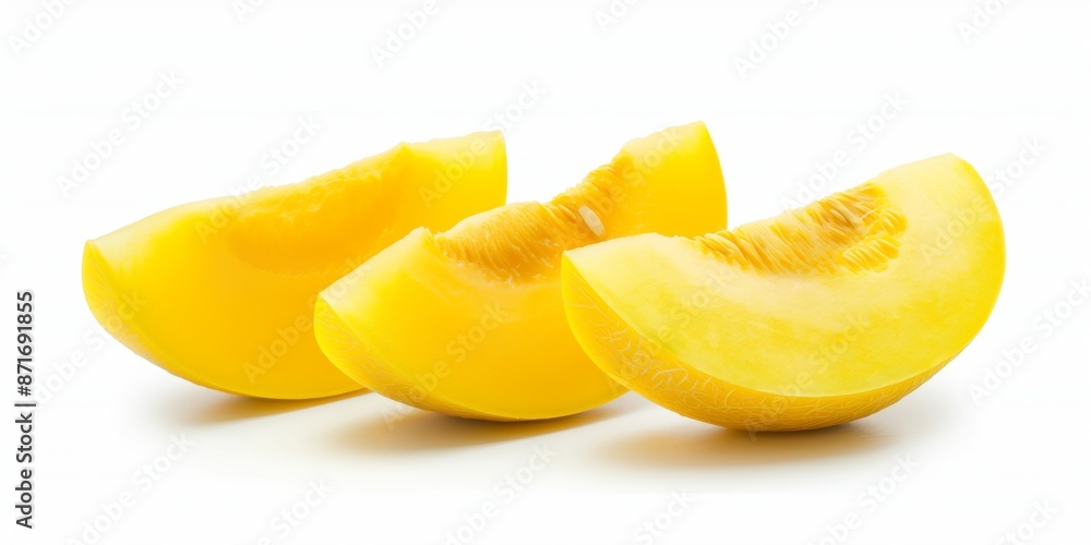 Three slices of yellow melon on a white background. The slices are cut in half, revealing the juicy, yellow flesh inside. Concept of freshness and health Three slices of yellow melon on a white background. The slices are cut in half, revealing the juicy, yellow flesh inside. Concept of freshness and health