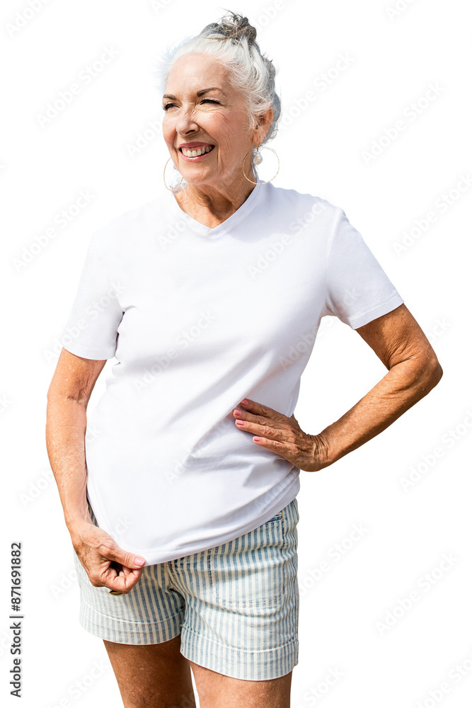 Png senior woman mockup white tee with transparent background