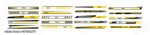 Car race stripes set. Automobile identity. Vehicle marking elements for transport modifying. Speed lines, racing tuning strips or car stickers. Vector illustration isolated on white background