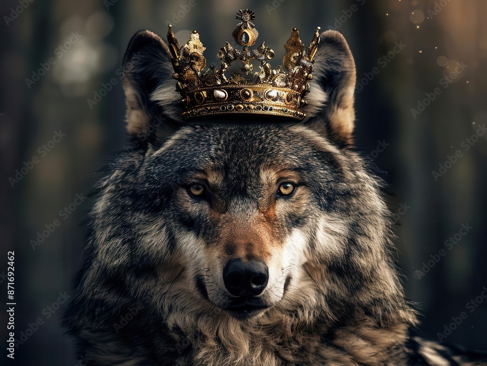 majestic wolf adorned with ornate golden crown regal pose piercing eyes blends wild nature with royal symbolism emanating power and nobility majestic wolf adorned with ornate golden crown regal pose piercing eyes blends wild nature with royal symbolism emanating power and nobility