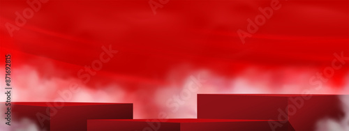 Chinese new year 2025 Background,Red Sky,Cloud with Platform 3d Red Podium Step Product Display for cosmetic present,Vector backdrop scene stage stand design banner for Christmas holiday sale