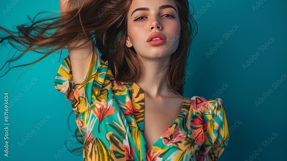 Portrait of a Beautiful Woman with Flowing Hair in Colorful Dress Portrait of a Beautiful Woman with Flowing Hair in Colorful Dress