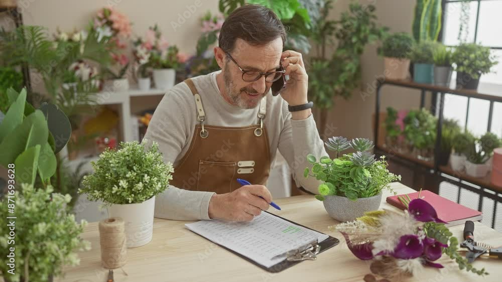 A mature man with glasses and beard in an apron writes notes in a flower shop surrounded by green plants. A mature man with glasses and beard in an apron writes notes in a flower shop surrounded by green plants.