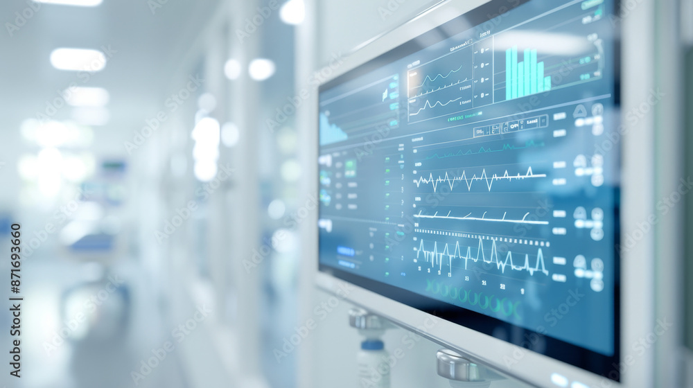 Digital health chart displayed on large screen in hospital for modern patient management. Digital health chart displayed on large screen in hospital for modern patient management.
