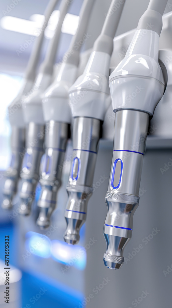 A row of dental instruments are displayed on a counter A row of dental instruments are displayed on a counter