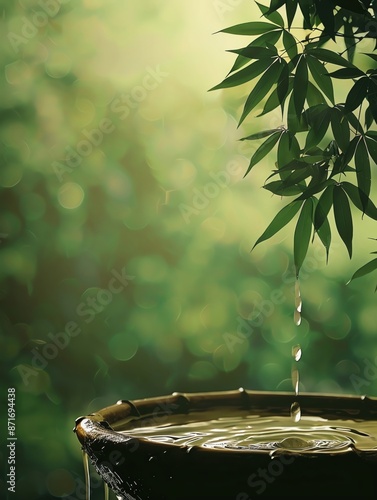 A relaxing background with a bamboo fountain and green leaves, ample copy space