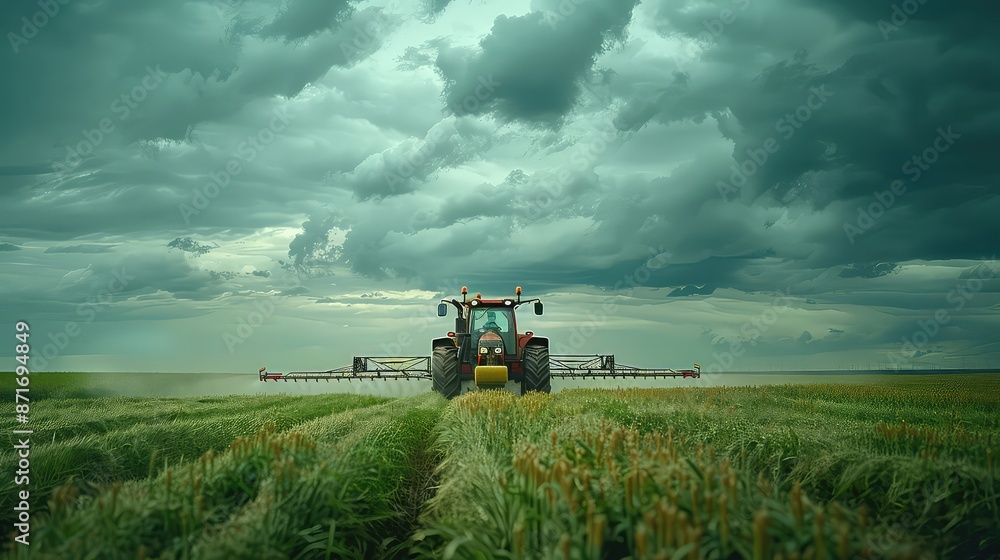 Tractor spraying field with pesticides at sunset in countryside generated with AI Tractor spraying field with pesticides at sunset in countryside generated with AI