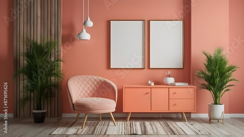 Modern luxury interior designs. Empty painted wall for mockup. accent furniture and a blank background. mockup wall, Two vertical empty frames on the wall, interior mockup, mockup, mockup for PSD