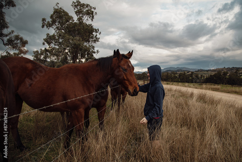 Teen boy standing at farm fence interacting with horses photo