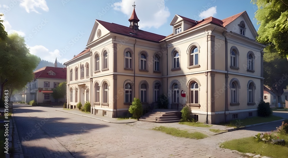 Obraz premium old building in a small town, hospital in the village, deserted street