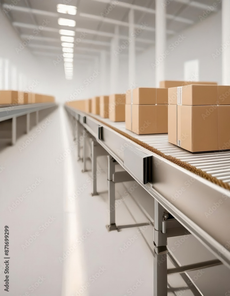 Cardboard Store Belt Rack A conveyor belt transports cardboard boxes in a warehouse filled with ...
