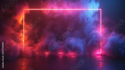 Vivid neon light frame with colorful smoke in a dark room, creating a futuristic and vibrant atmosphere.